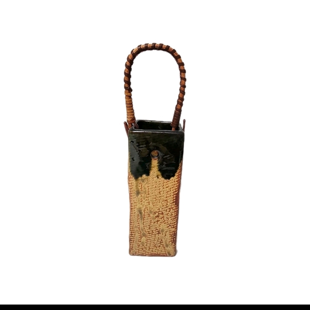 Vintage Handmade Japanese Pottery Wall Pocket Drip Glaze Ikebana Floral Vase